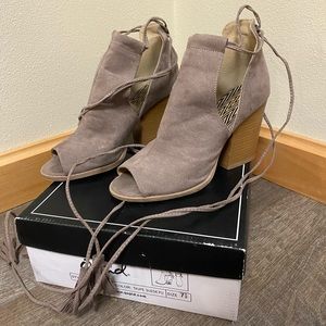Qupid Barnes Taupe Suede Open Toe Lace Up Booties